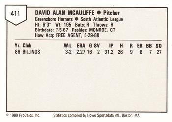 1989 ProCards Minor League Team Sets #411 Dave McAuliffe Back