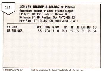 1989 ProCards Minor League Team Sets #431 Johnny Almaraz Back