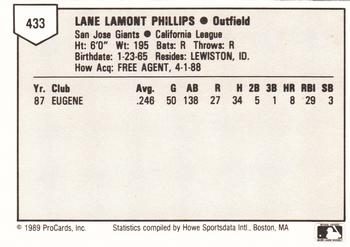 1989 ProCards Minor League Team Sets #433 Montie Phillips Back