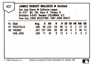 1989 ProCards Minor League Team Sets #437 Jim Malseed Back