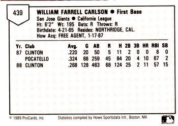 1989 ProCards Minor League Team Sets #439 Bill Carlson Back