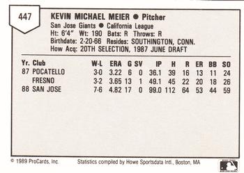 1989 ProCards Minor League Team Sets #447 Kevin Meier Back
