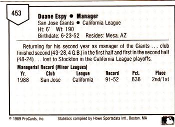 1989 ProCards Minor League Team Sets #453 Duane Espy Back