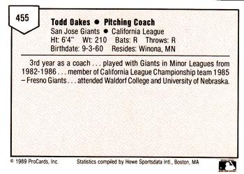 1989 ProCards Minor League Team Sets #455 Todd Oakes Back