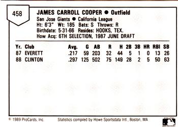 1989 ProCards Minor League Team Sets #458 Jamie Cooper Back