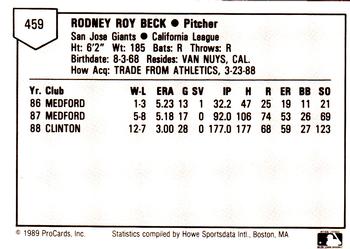 1989 ProCards Minor League Team Sets #459 Rod Beck Back