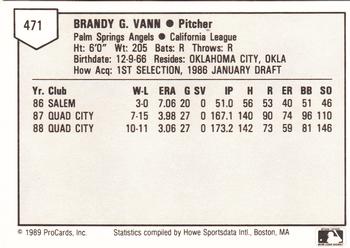 1989 ProCards Minor League Team Sets #471 Brandy Vann Back