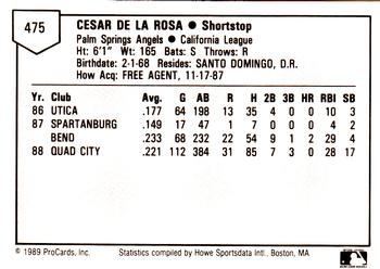 1989 ProCards Minor League Team Sets #475 Cesar De La Rosa Back