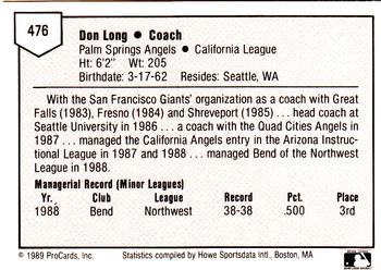 1989 ProCards Minor League Team Sets #476 Don Long Back
