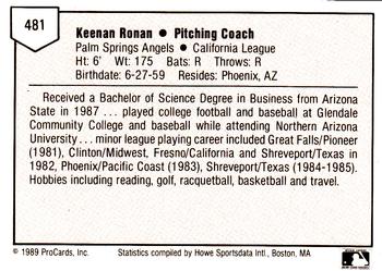 1989 ProCards Minor League Team Sets #481 Kernan Ronan Back