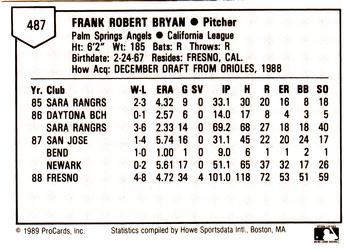 1989 ProCards Minor League Team Sets #487 Frank Bryan Back