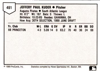 1989 ProCards Minor League Team Sets #491 Jeff Kuder Back