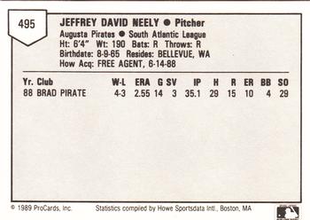1989 ProCards Minor League Team Sets #495 Jeff Neely Back