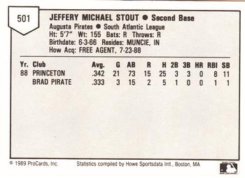 1989 ProCards Minor League Team Sets #501 Jeff Stout Back