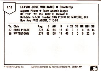 1989 ProCards Minor League Team Sets #505 Flavio Williams Back