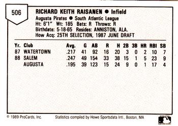 1989 ProCards Minor League Team Sets #506 Keith Raisanen Back