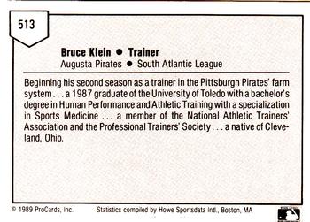 1989 ProCards Minor League Team Sets #513 Bruce Klein Back