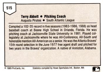 1989 ProCards Minor League Team Sets #515 Terry Abbott Back