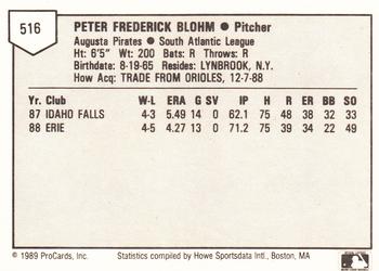 1989 ProCards Minor League Team Sets #516 Pete Blohm Back