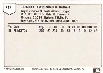 1989 ProCards Minor League Team Sets #517 Greg Sims Back