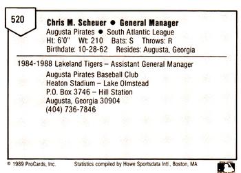 1989 ProCards Minor League Team Sets #520 Chris M. Scheuer Back