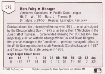 1989 ProCards Minor League Team Sets #573 Marv Foley Back
