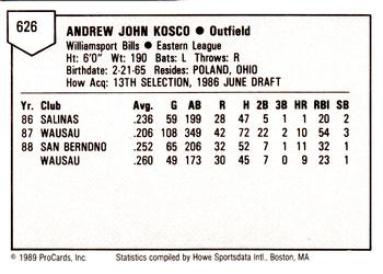 1989 ProCards Minor League Team Sets #626 Dru Kosco Back