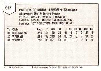 1989 ProCards Minor League Team Sets #632 Pat Lennon Back