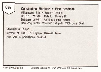 1989 ProCards Minor League Team Sets #635 Tino Martinez Back