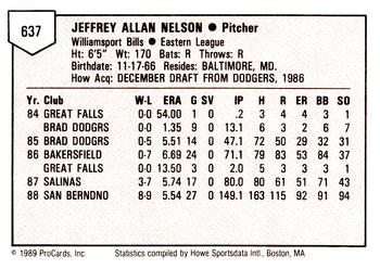 1989 ProCards Minor League Team Sets #637 Jeff Nelson Back