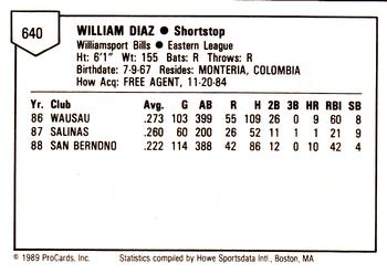 1989 ProCards Minor League Team Sets #640 William Diaz Back