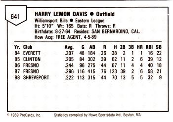 1989 ProCards Minor League Team Sets #641 Harry Davis Back