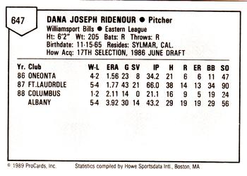 1989 ProCards Minor League Team Sets #647 Dana Ridenour Back