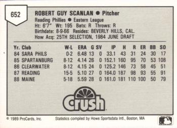 1989 ProCards Minor League Team Sets #652 Bob Scanlan Back