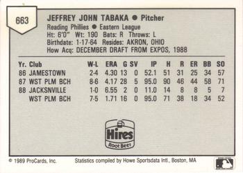 1989 ProCards Minor League Team Sets #663 Jeff Tabaka Back