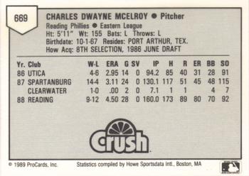 1989 ProCards Minor League Team Sets #669 Chuck McElroy Back