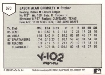 1989 ProCards Minor League Team Sets #670 Jason Grimsley Back