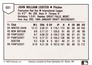 1989 ProCards Minor League Team Sets #681 John Leister Back