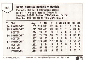 1989 ProCards Minor League Team Sets #682 Kevin Romine Back