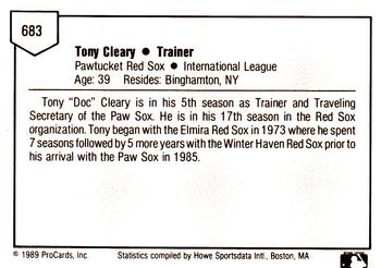 1989 ProCards Minor League Team Sets #683 Tony Cleary Back