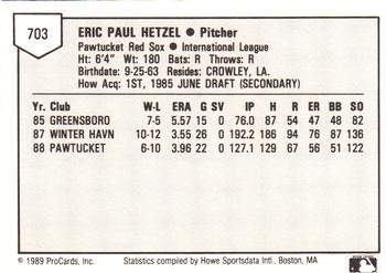 1989 ProCards Minor League Team Sets #703 Eric Hetzel Back