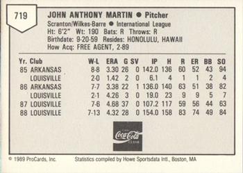 1989 ProCards Minor League Team Sets #719 John Martin Back