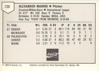 1989 ProCards Minor League Team Sets #720 Alex Madrid Back