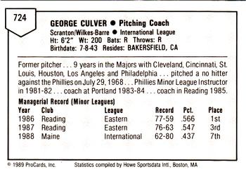 1989 ProCards Minor League Team Sets #724 George Culver Back