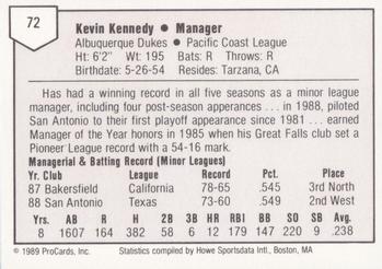 1989 ProCards Minor League Team Sets #72 Kevin Kennedy Back