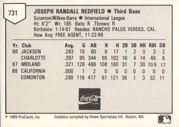 1989 ProCards Minor League Team Sets #731 Joe Redfield Back