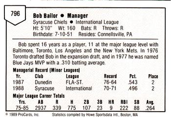 1989 ProCards Minor League Team Sets #796 Bob Bailor Back