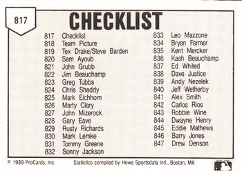 1989 ProCards Minor League Team Sets #817 Checklist Back