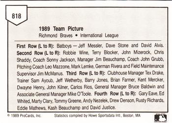 1989 ProCards Minor League Team Sets #818 Richmond Braves Team Picture Back