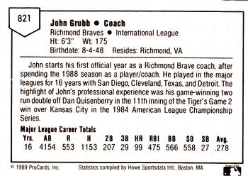 1989 ProCards Minor League Team Sets #821 John Grubb Back
